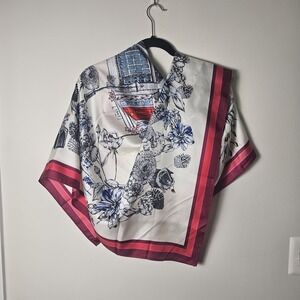 Extra Large Square Satin Scarf 42" Cat Botanic Border Cottage‎ Red Blue White